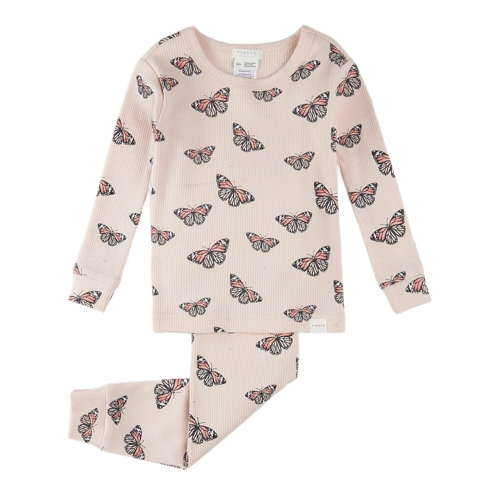 Monarch Print on Ribbed Cherry Blossom Infant PJ Set