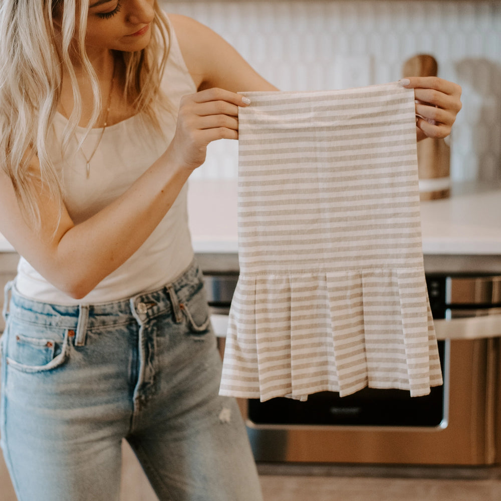 Striped Tea Towel with Ruffle |  Tan