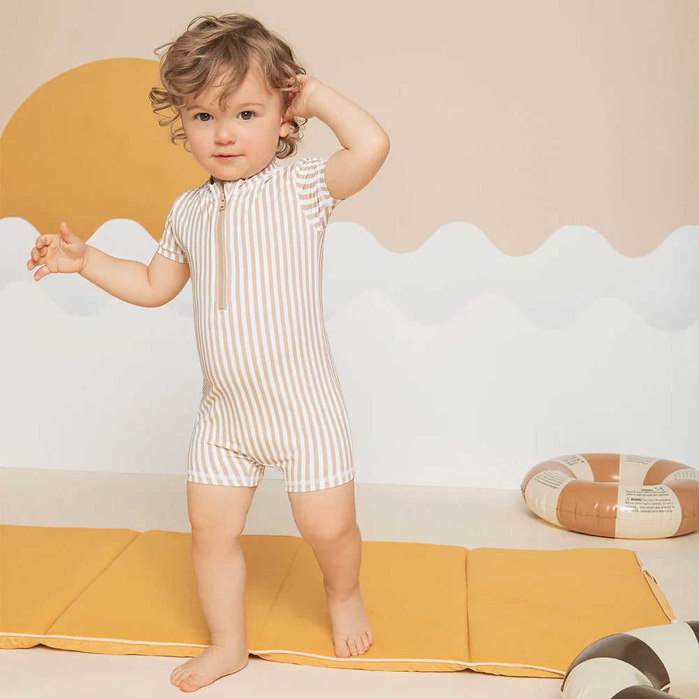 Taupe Striped Short Sleeve Swim Romper – The Pear Co.